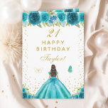 Teal Floral Brunette Hair Girl Happy Birthday Card<br><div class="desc">This elegant and glamourous birthday card can be personalised with a name or title such as daughter, granddaughter, niece, friend etc. The design features a beautiful princess with brunette hair and fair skin in a teal blue ball gown. The text combines handwritten script and modern sans serif fonts for a...</div>