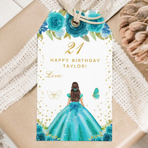 Teal Floral Brunette Hair Girl Happy Birthday Gift Tags
