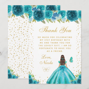 Teal Floral Brunette Hair Princess Birthday Party Thank You Card