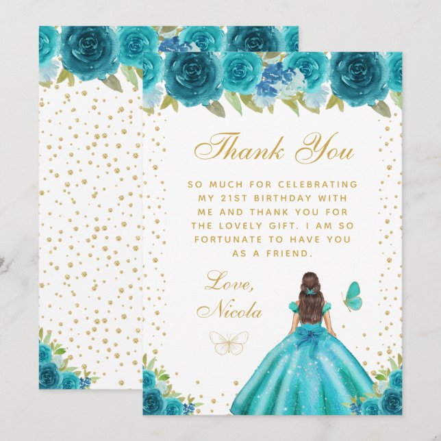 Teal Floral Brunette Hair Princess Birthday Party Thank You Card (Front/Back)