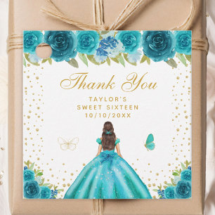 Teal Floral Brunette Hair Princess Sweet Sixteen Favour Tags