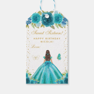 Teal Floral Brunette Hair Princess Sweet Sixteen Gift Tags