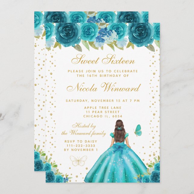 Teal Floral Brunette Hair Princess Sweet Sixteen Invitation (Front/Back)