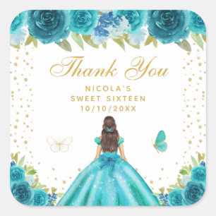 Teal Floral Brunette Hair Princess Sweet Sixteen Square Sticker