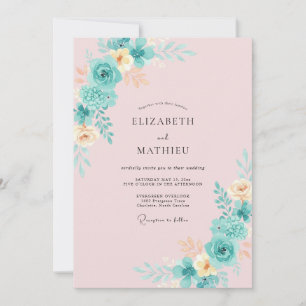Teal Floral Brushstroke Wedding Invitation