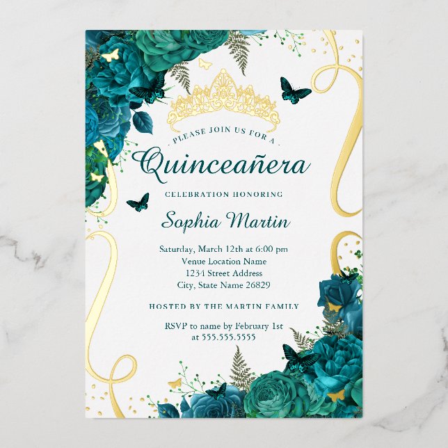 Teal Floral Butterfly Elegant Quinceanera  (Front)