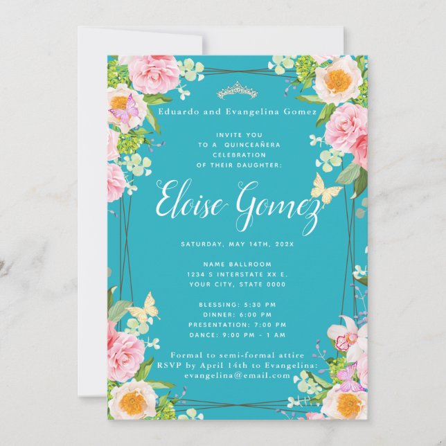 Teal Floral Butterfly Quinceanera Invitation (Front)