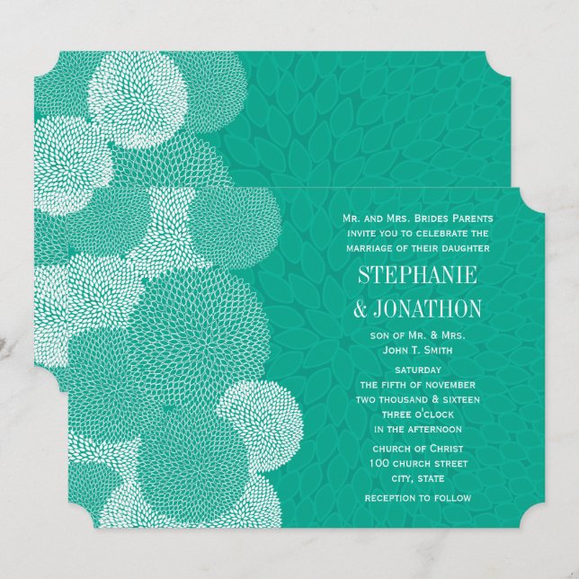 Teal Floral Chrysanthemum Wedding Invitations (Front/Back)