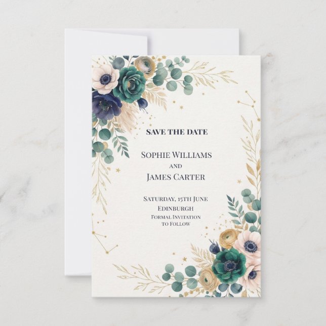 Teal Floral Constellation Wedding Save The Date (Front)