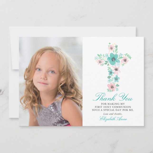Teal Floral Cross First Holy Communion Thank You (Front)
