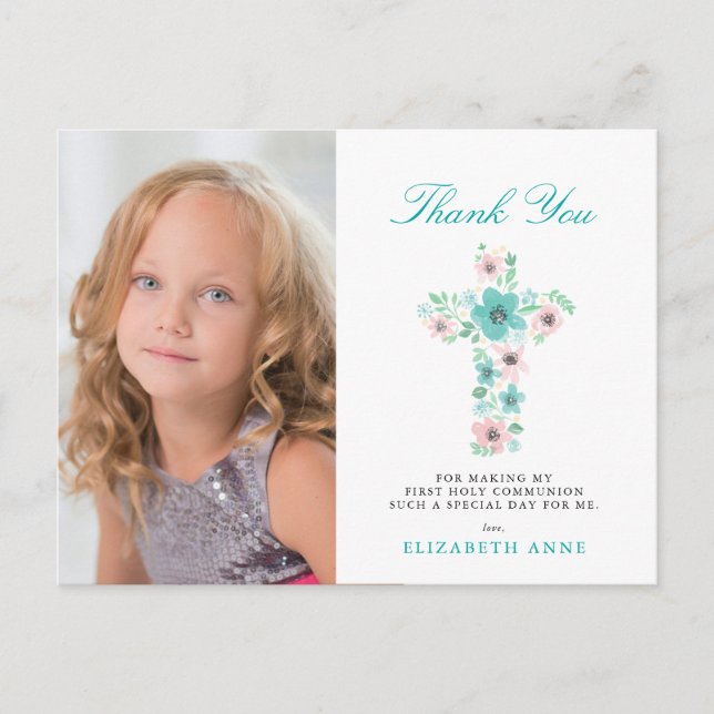 Teal Floral Cross First Holy Communion Thank You Postcard (Front)
