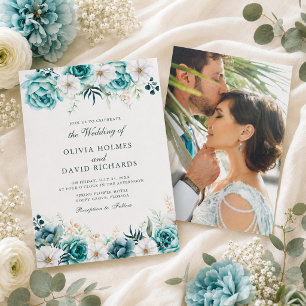 Teal Floral Custom Photo Botanical Wedding Invite