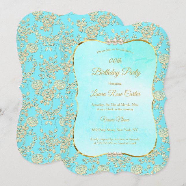 Teal floral Damask rose Gold Birthday Party Invitation (Front/Back)