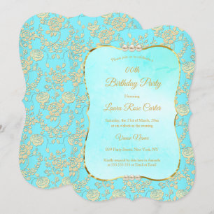 Teal floral Damask rose Gold Birthday Party Invitation