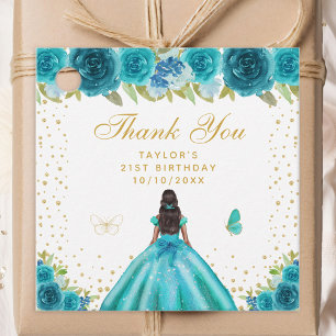 Teal Floral Dark Skin Princess Birthday Party Favour Tags