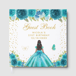 Teal Floral Dark Skin Princess Birthday Party Guest Book