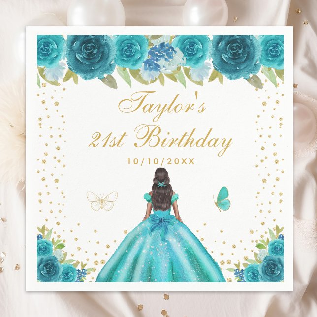 Teal Floral Dark Skin Princess Birthday Party Napkin (Creator Uploaded)