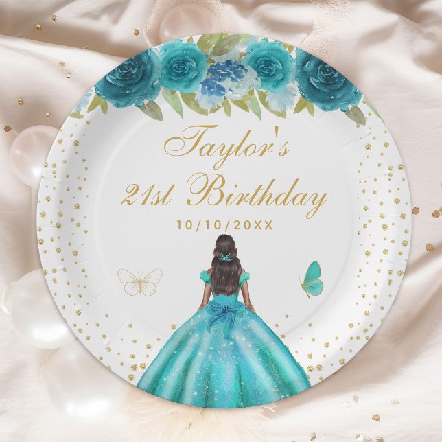 Teal Floral Dark Skin Princess Birthday Party Paper Plate (Creator Uploaded)