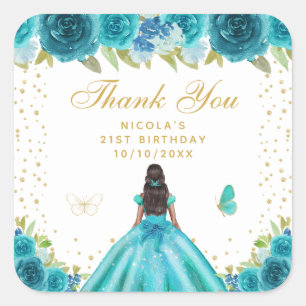 Teal Floral Dark Skin Princess Birthday Party Square Sticker