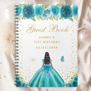 Teal Floral Dark Skin Princess Guest Book