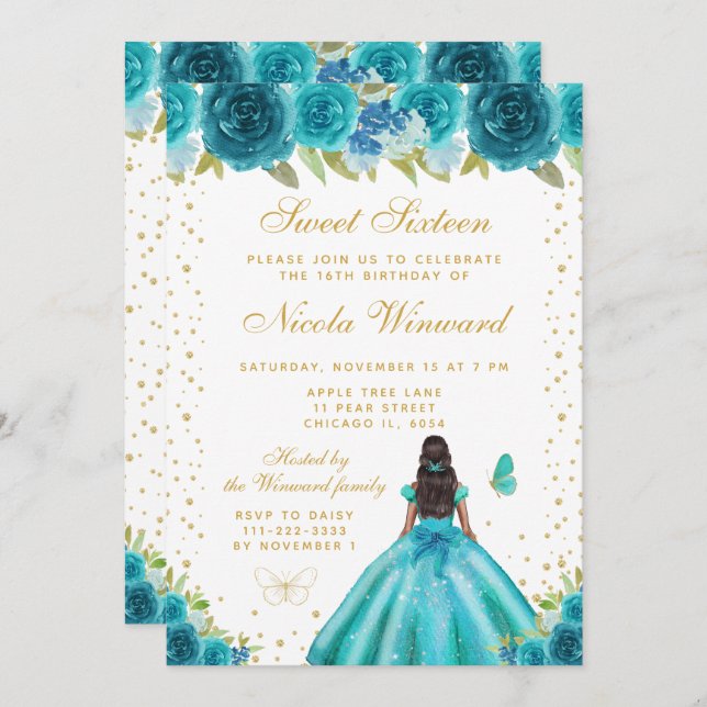Teal Floral Dark Skin Princess Sweet Sixteen Invitation (Front/Back)