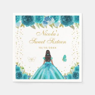 Teal Floral Dark Skin Princess Sweet Sixteen Napkin