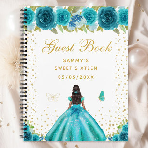 Teal Floral Dark Skin Princess Sweet Sixteen Notebook
