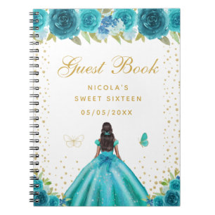 Teal Floral Dark Skin Princess Sweet Sixteen Notebook