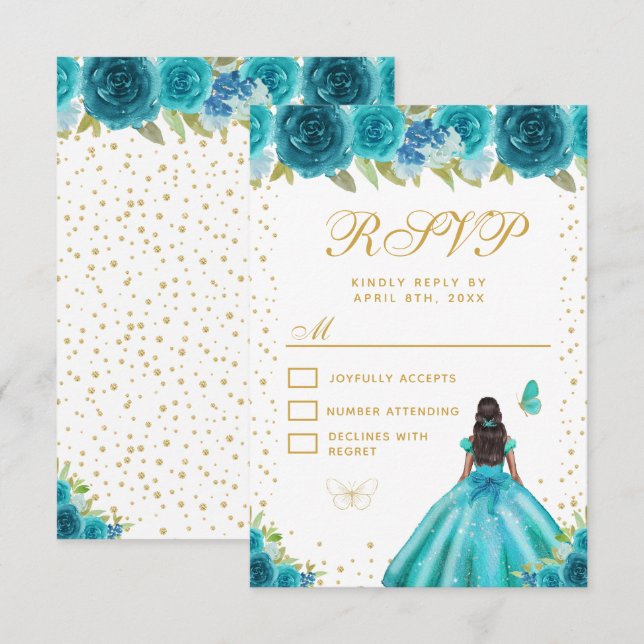 Teal Floral Dark Skin Princess Sweet Sixteen RSVP Card (Front/Back)