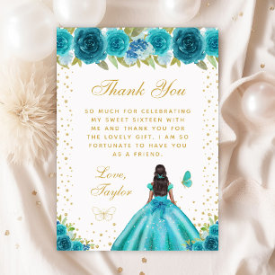 Teal Floral Dark Skin Princess Sweet Sixteen Thank You Card