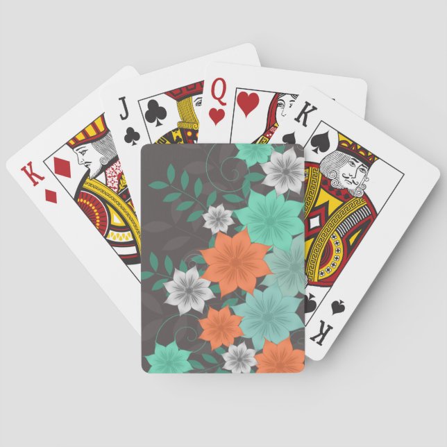 Teal Floral Design Playing Cards (Back)