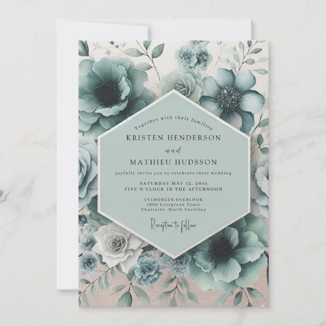 Teal Floral Dream Wedding Invitation (Front)