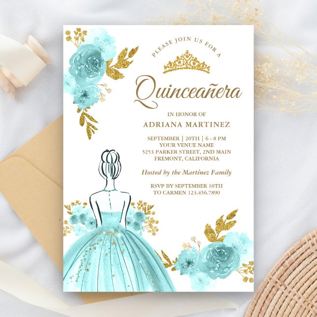 Teal Floral Dress Princess Gold Quinceanera Invitation (Creator Uploaded)