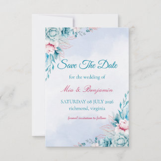 Teal Floral Elegant Save The Date Card