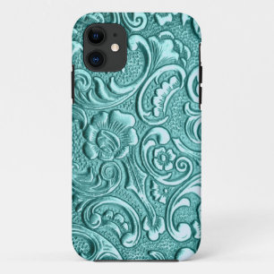 Teal floral embossed print I Phone. iPhone 11 Case