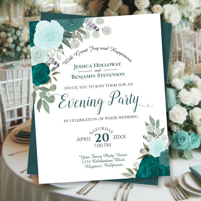 Teal Floral Evening Party Budget Wedding Invite (Front/Back)