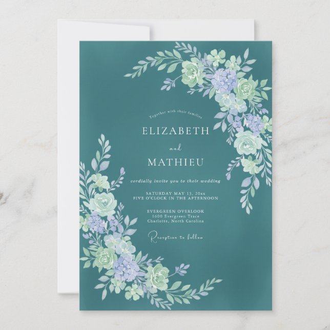 Teal Floral Flourish Romance Wedding Invitation (Front)