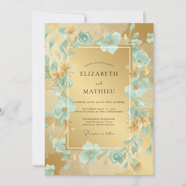 Teal Floral Glow Wedding Invitation (Front)