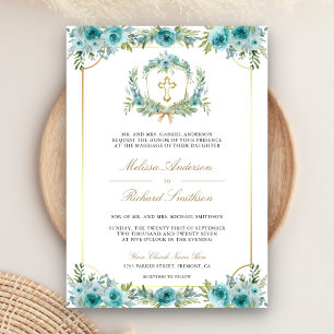 Teal Floral Gold Catholic Cross QR Code Wedding Invitation