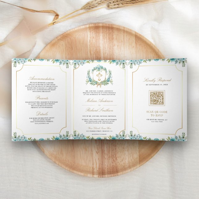 Teal Floral Gold Catholic Cross QR Code Wedding Tri-Fold Invitation (Creator Uploaded)