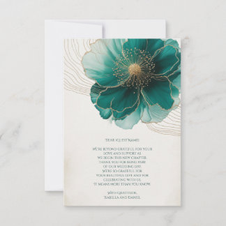 Teal Floral Gold Wedding Thank You  Card