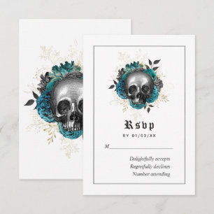 Teal Floral Gothic Skull Wedding RSVP Card