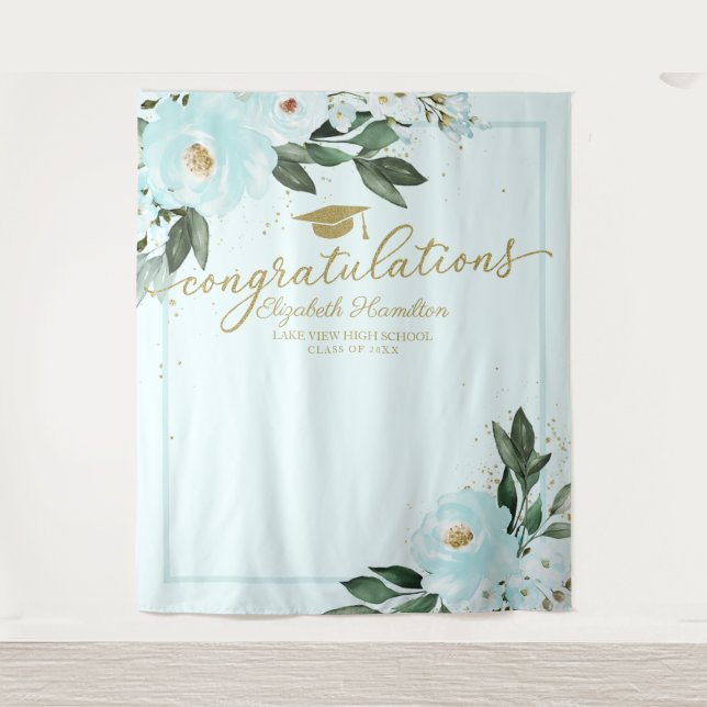 Teal Floral Graduation Party Photo Backdrop Tapestry (Front)