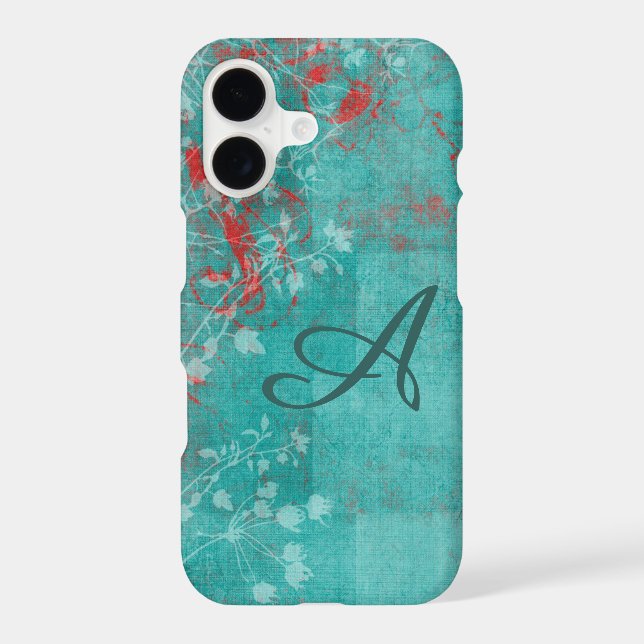 Teal Floral Grunge Red Monogram (Back)