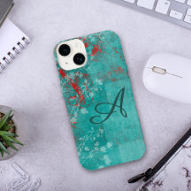 Teal Floral Grunge Red Monogram