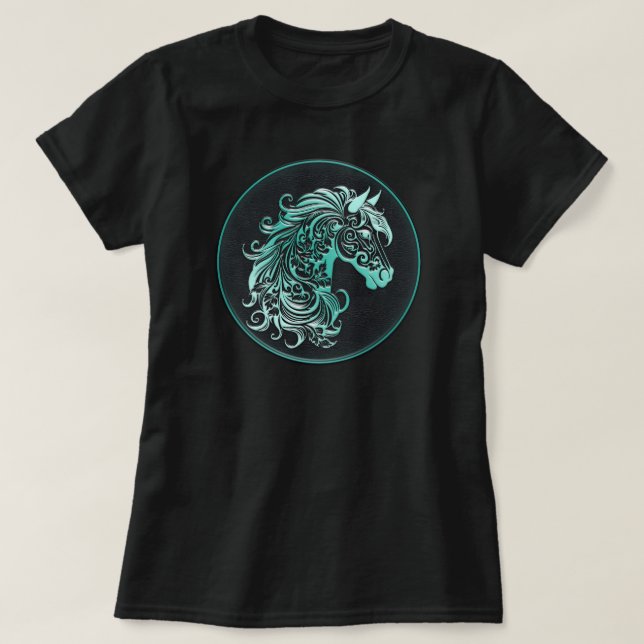 Teal floral horse head leather embossed cowgirl T-Shirt (Design Front)