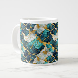 Teal Floral Japanese Gold Large Coffee Mug