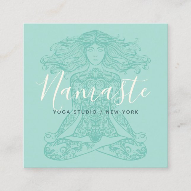 Teal floral mandala meditation yoga instructor square business card (Front)