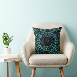 Teal Floral Mandala Monogram Cushion