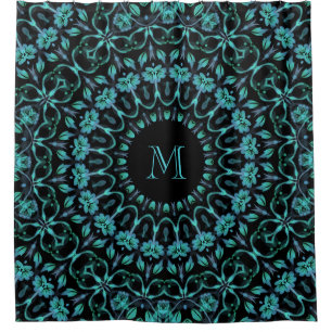 Teal Floral Mandala Monogram Shower Curtain